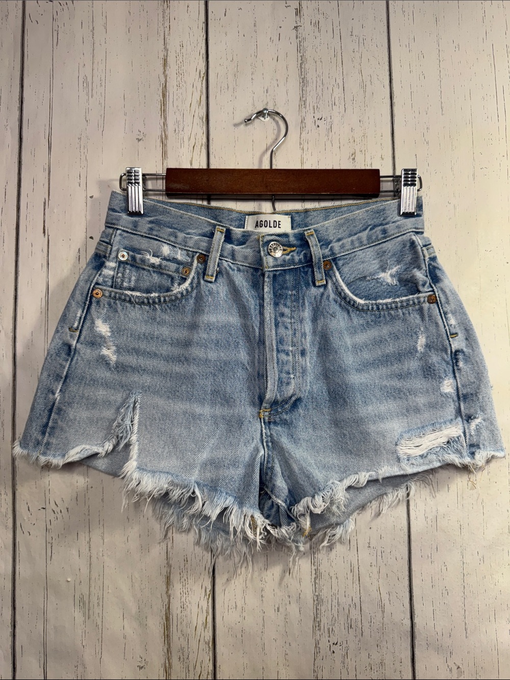 Agolde Parker Distressed Denim Shorts 23 Button Fly Light Wash Cutoff Festival - Picture 6 of 16